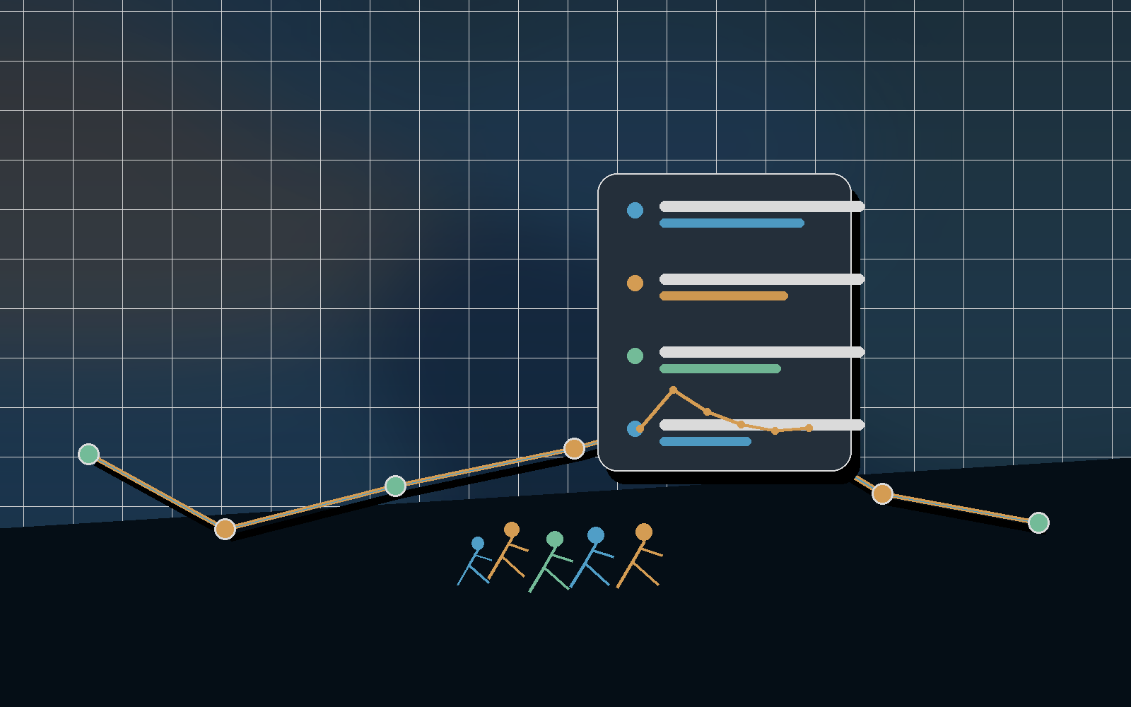 5K training dashboard scene with route and workout trend cards.