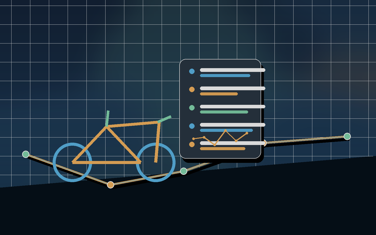 Heart-rate cycling scene with bike route markers and workout cards.