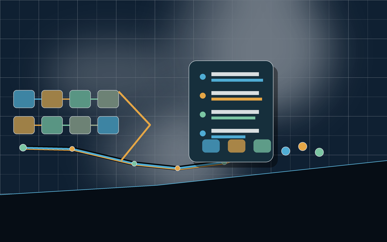 Comparison strategy scene with product cards and route markers.