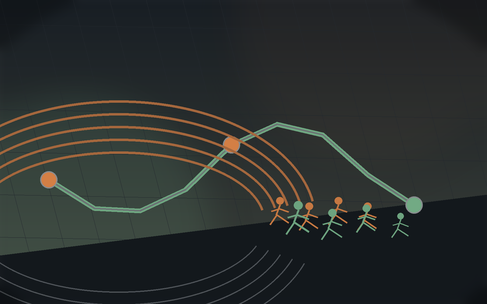 Starter running plan scene with track lanes, route markers, and runners.