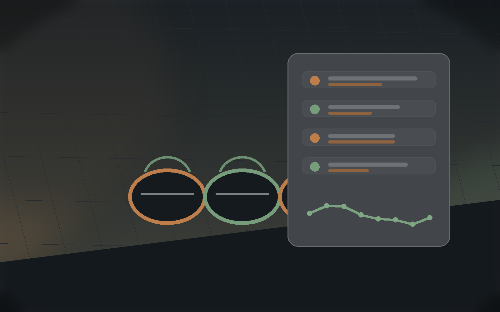 Shoe and gear tracking scene with equipment markers and dashboard cards.
