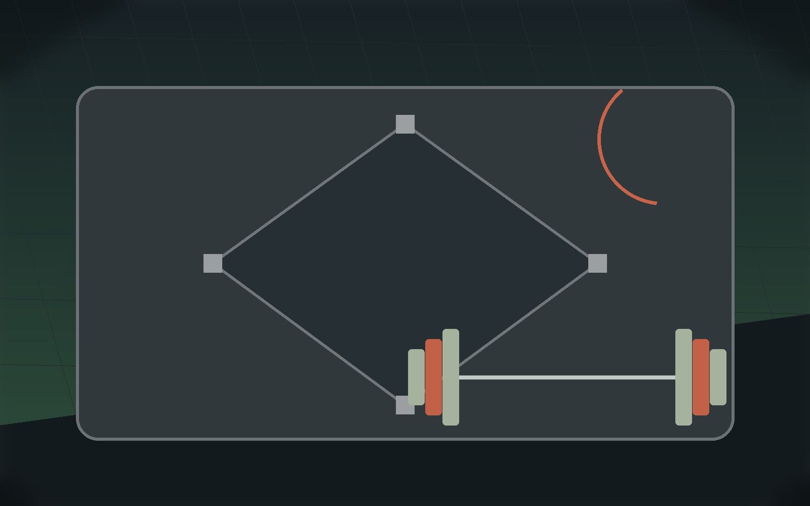 Baseball training scene with a diamond layout and strength equipment.