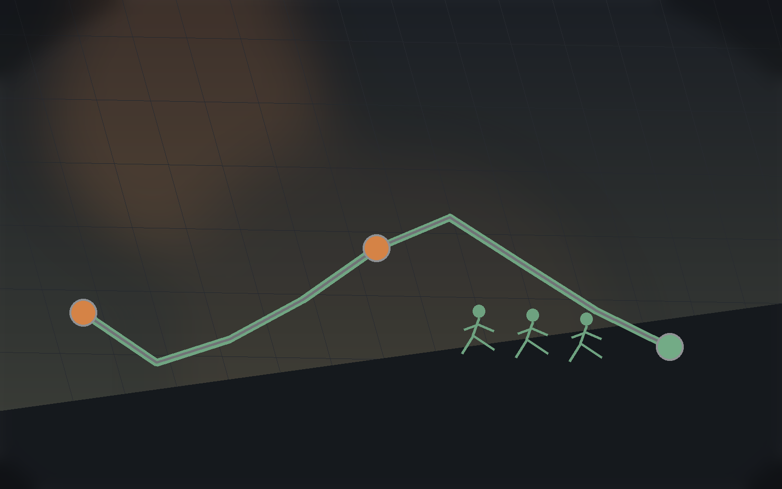 Running route scene with pace markers and a small group of runners.