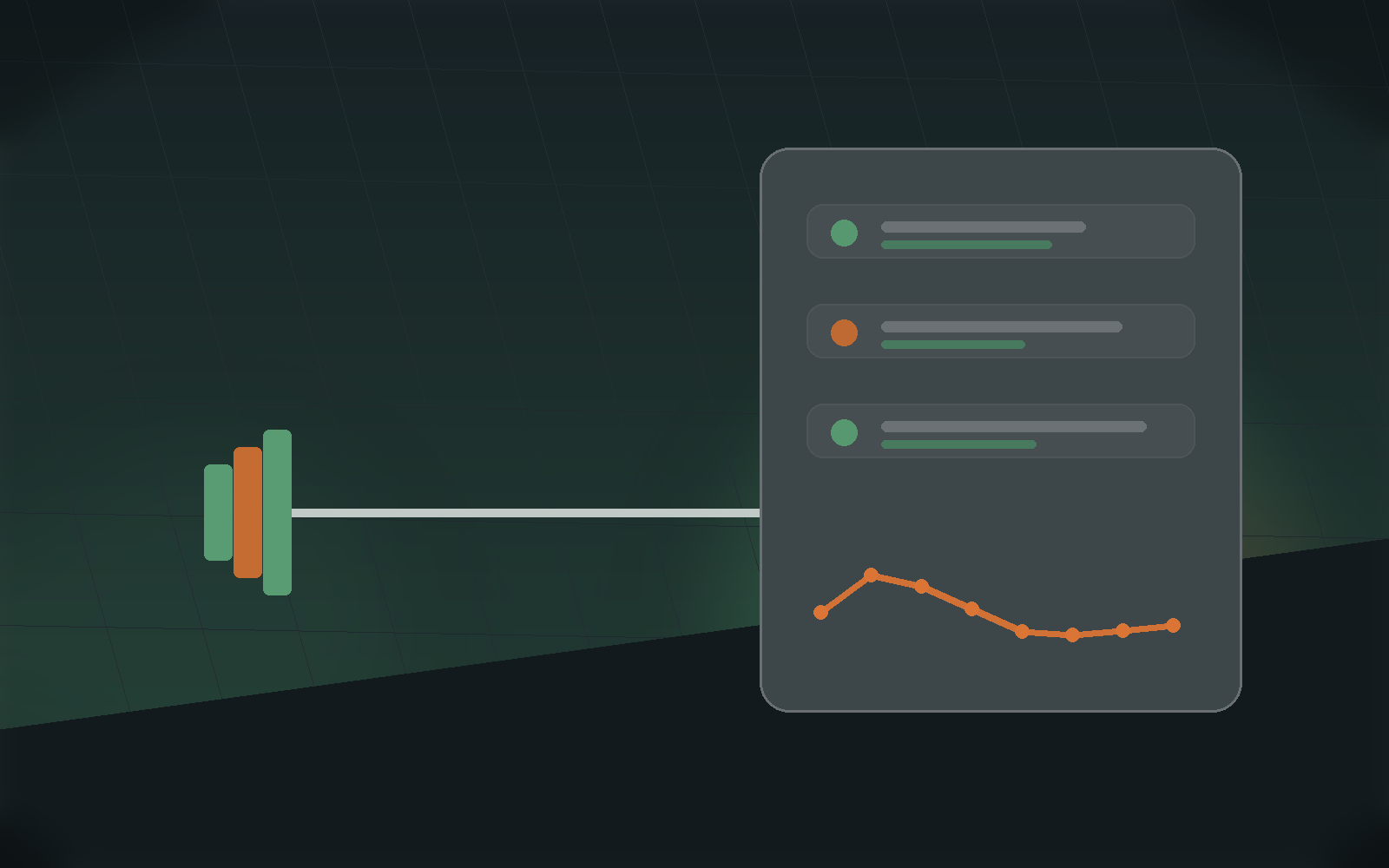 Hybrid training dashboard with strength bars and a workout trend line.