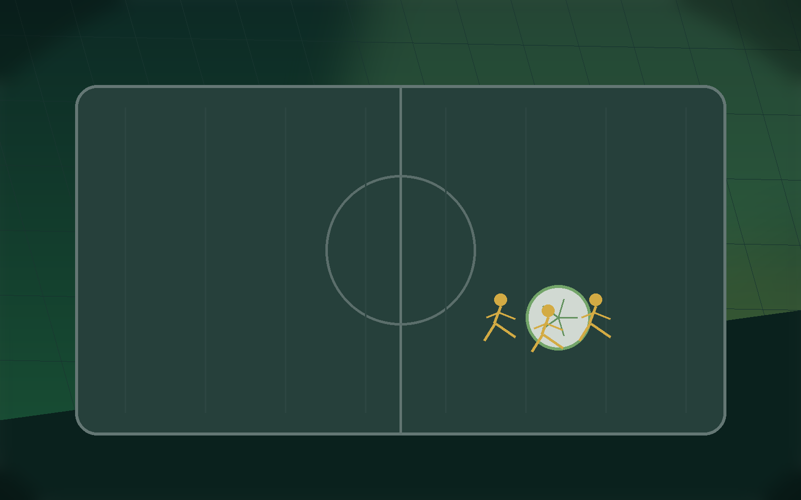 Soccer conditioning scene with pitch lines, a ball, and athletes.