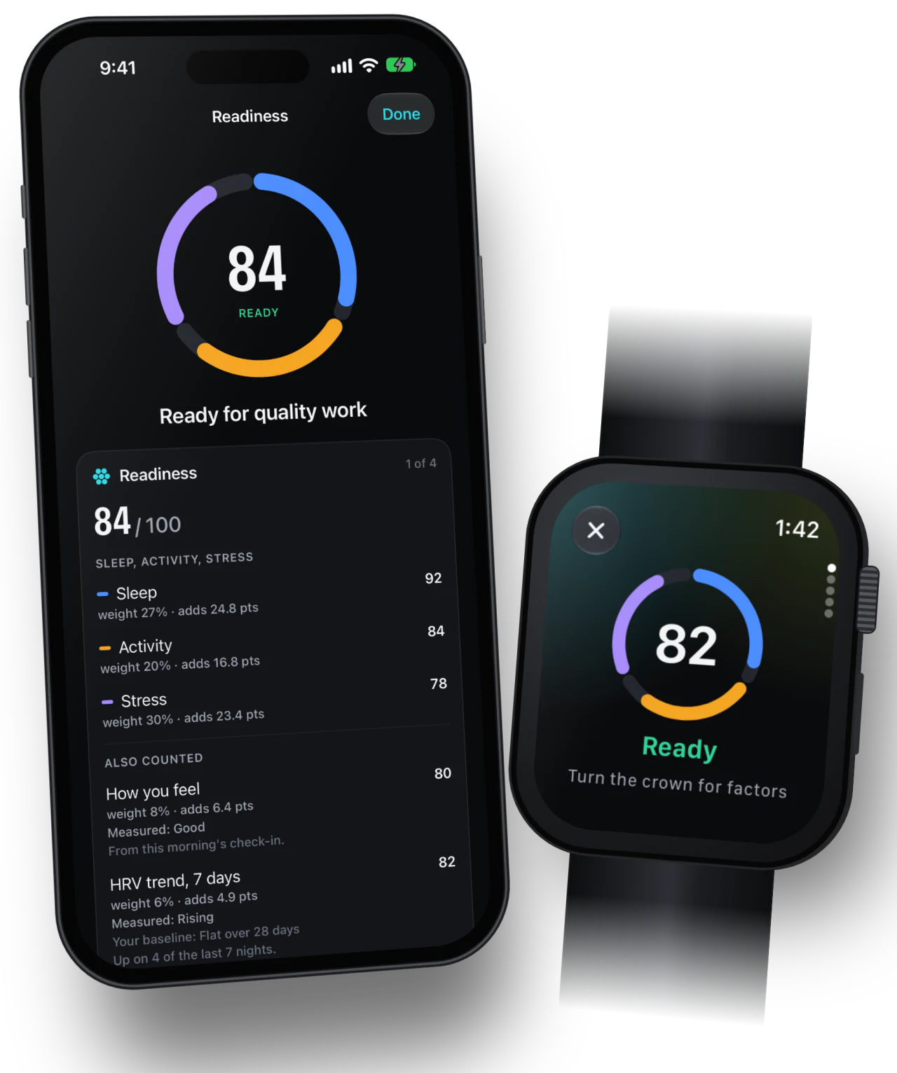 Readiness at 84 on iPhone and readiness 82 on Apple Watch, with sleep, activity and stress.