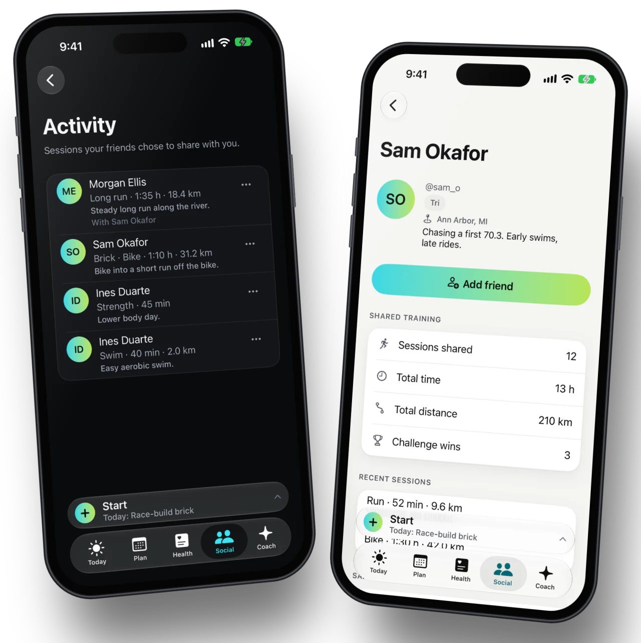 The CorrCoach social feed and an athlete profile on two iPhones.