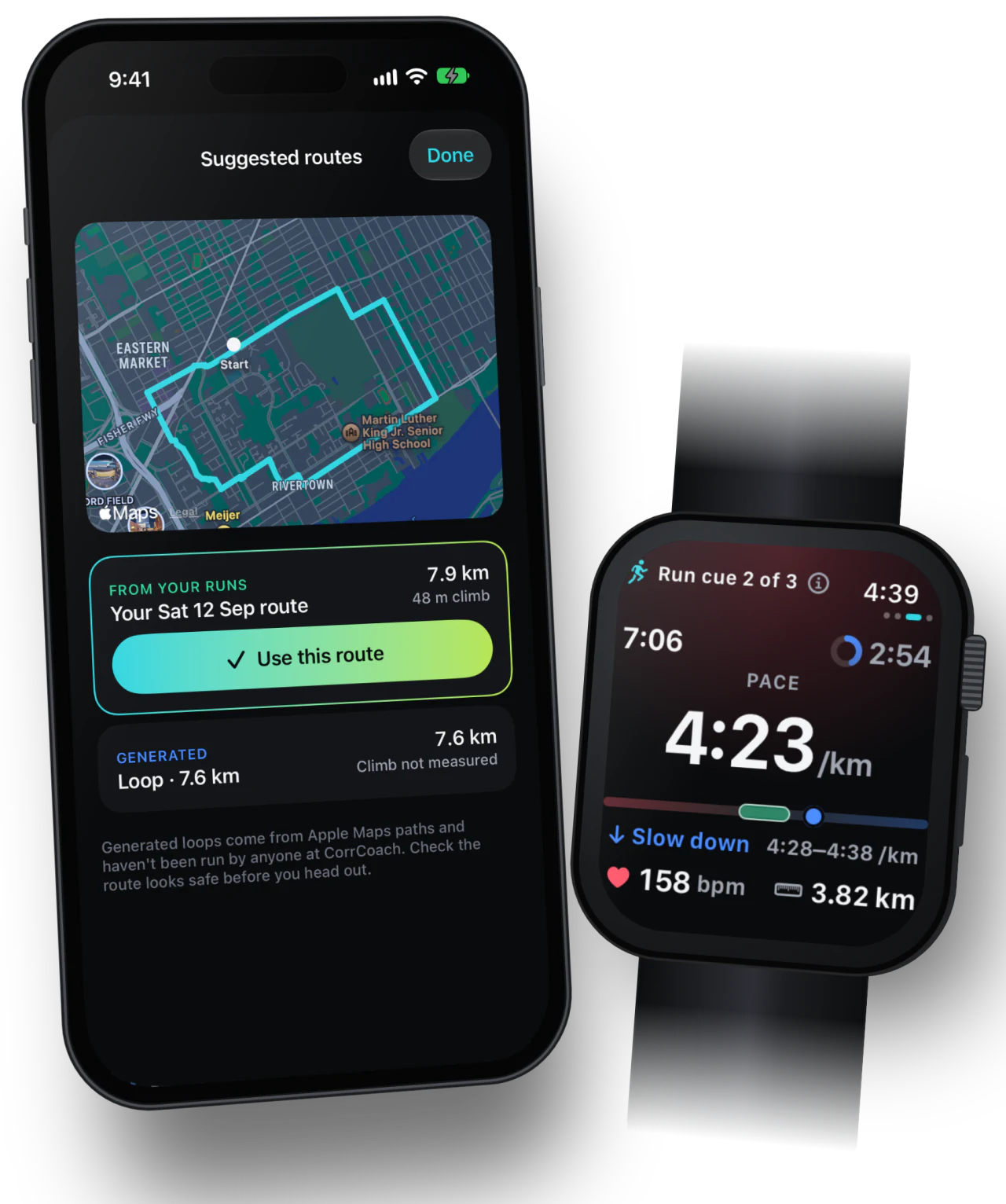 Suggested routes from your own runs on iPhone, with a 7.9 km route on city streets and a live pace cue on Apple Watch.