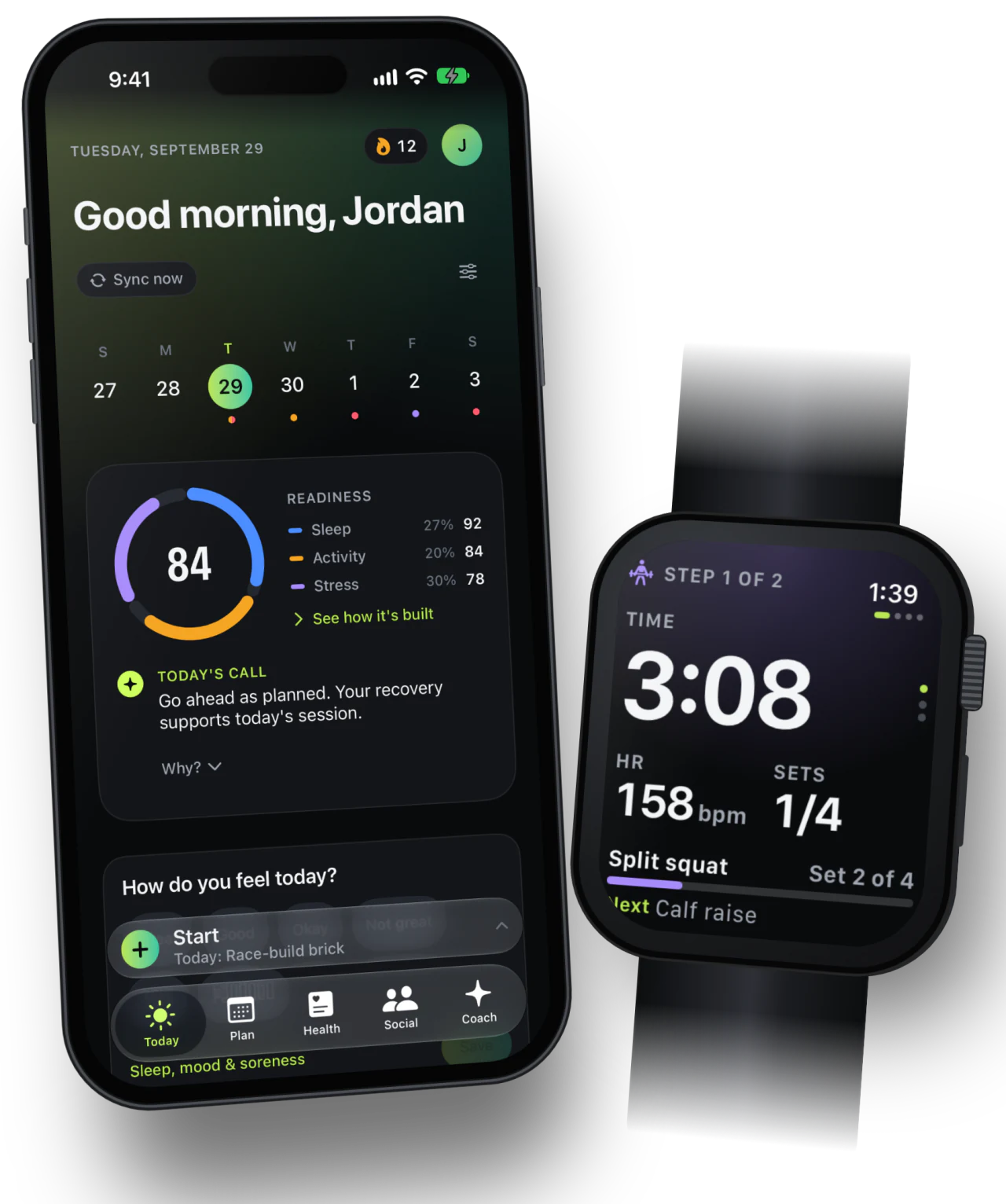 CorrCoach Mi on iPhone and Apple Watch: today’s strength session and a split squat set in progress.