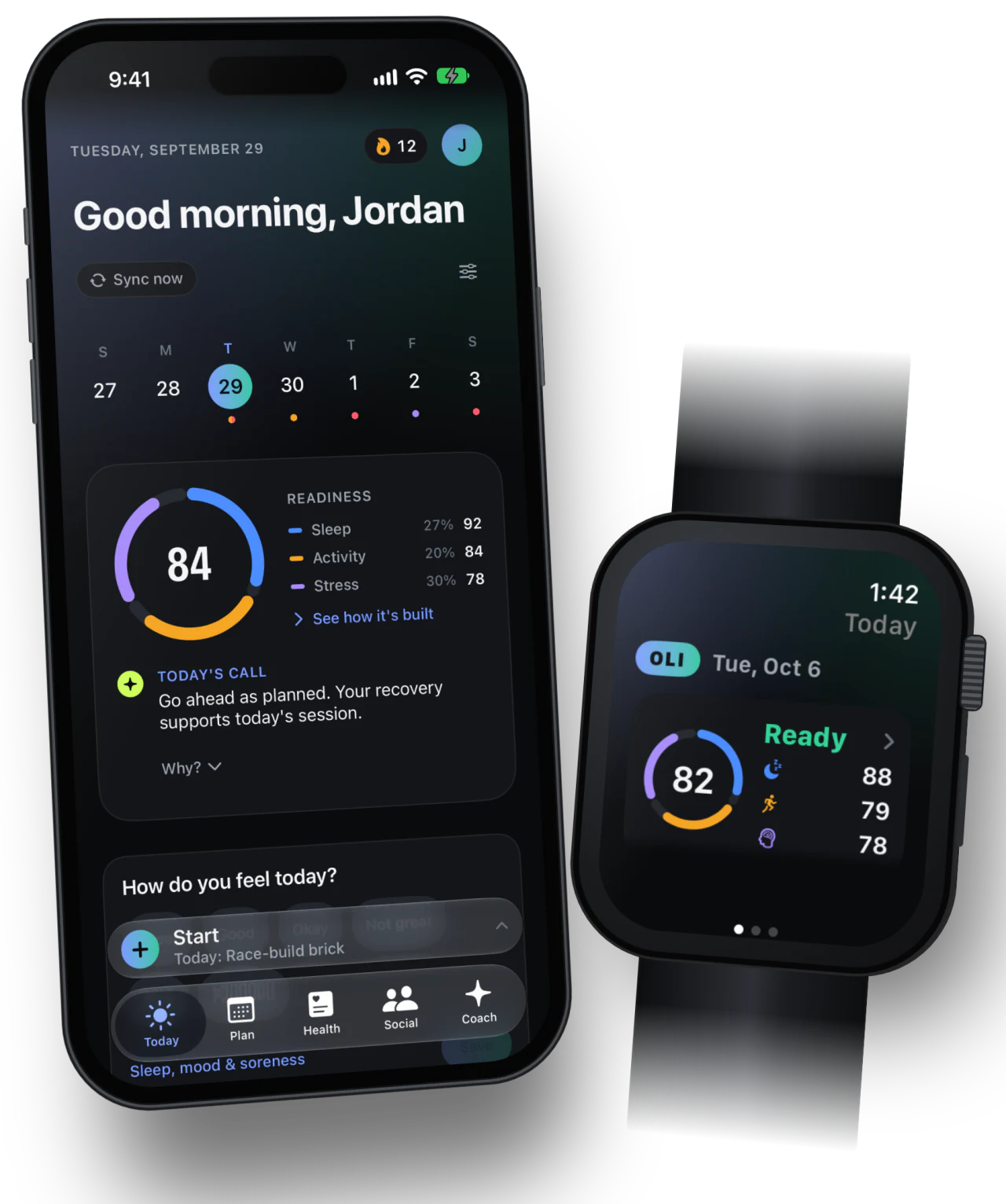 CorrCoach Oli on iPhone and Apple Watch: the season Today screen and readiness on the wrist.