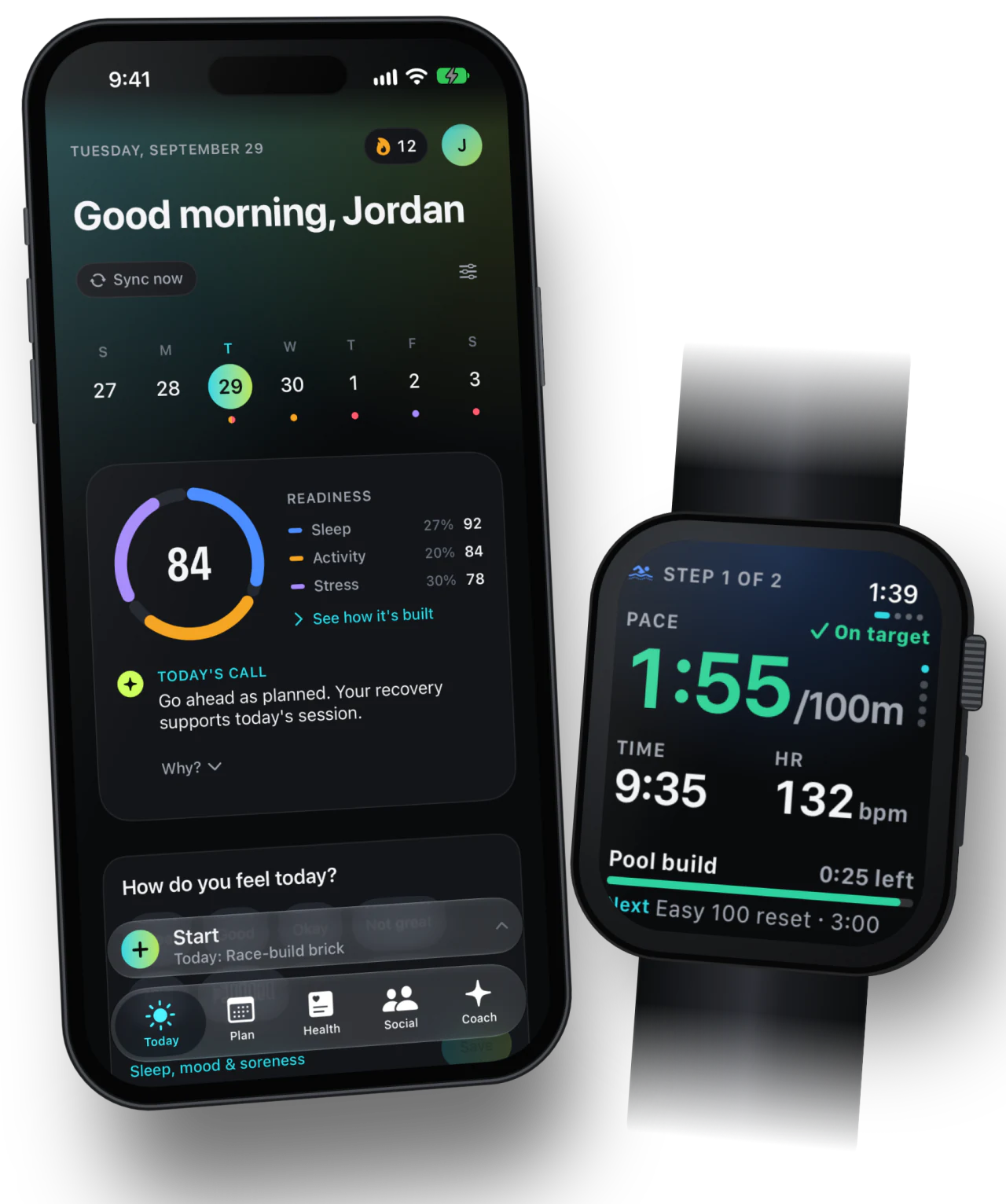 CorrCoach Tri on iPhone and Apple Watch: today’s race-build brick and a pool swim step on target.