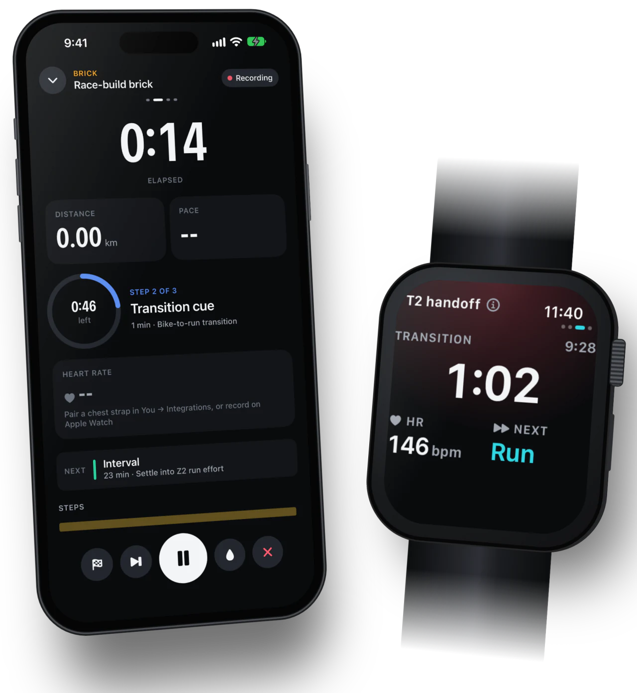 A race-build brick on iPhone at the bike-to-run transition, and Apple Watch timing the T2 handoff with Run as the next leg.