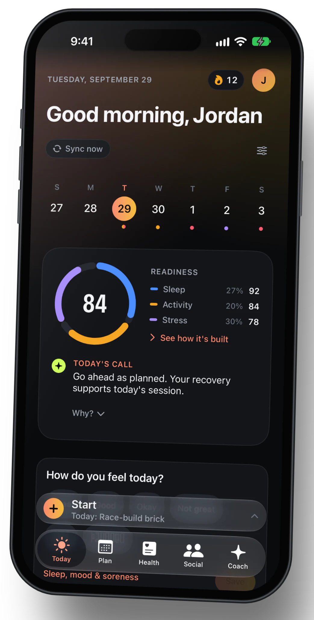 CorrCoach Go on iPhone: today’s run, readiness and the week for a made-up athlete.