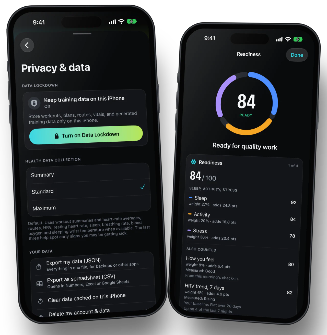 Two iPhones: privacy and data settings with Data Lockdown, and readiness built from Apple Health, for a made-up athlete.