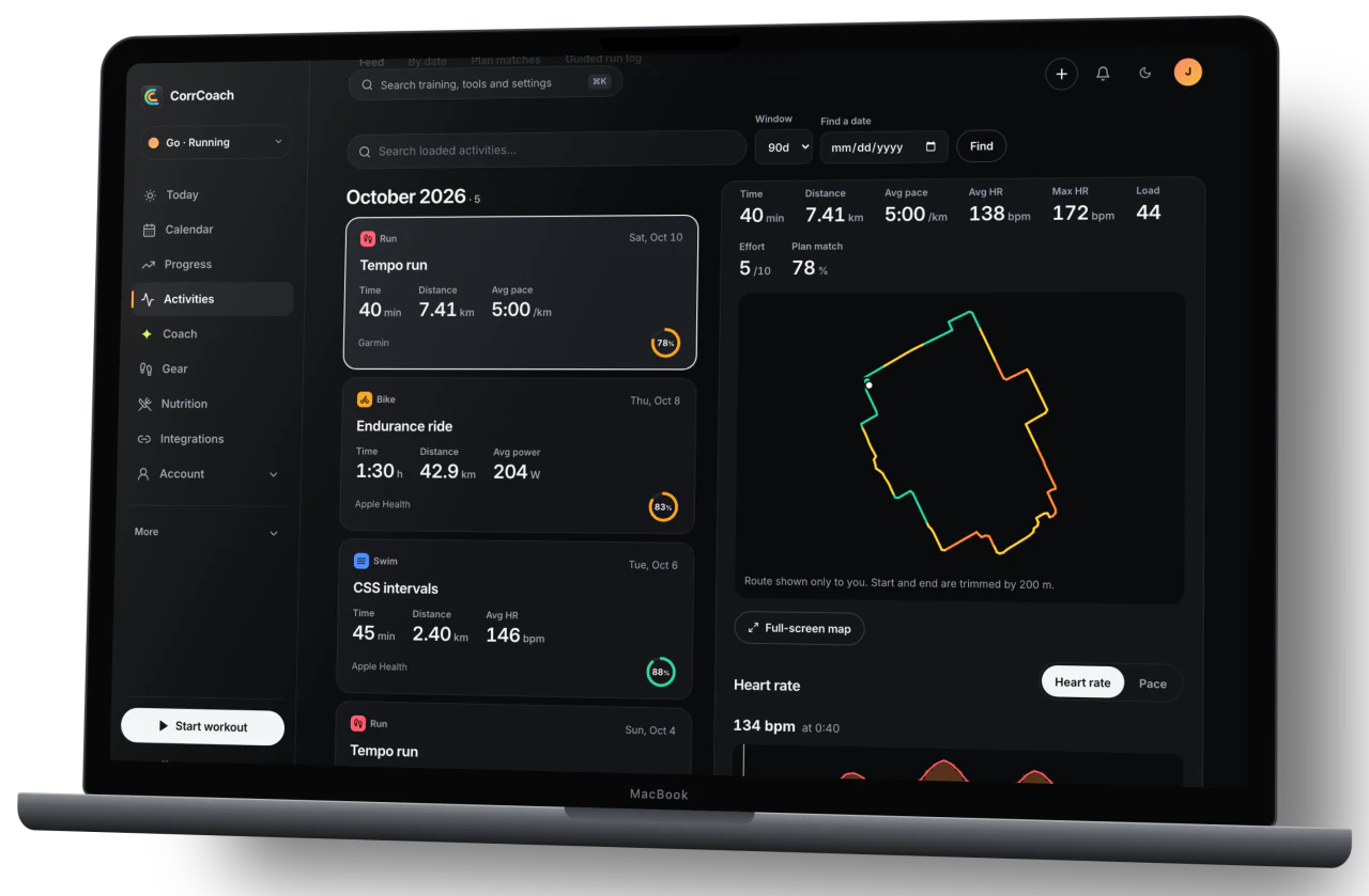 A completed tempo run on a MacBook: time, distance, pace, heart rate, plan match and its route along real streets, for a made-up athlete.