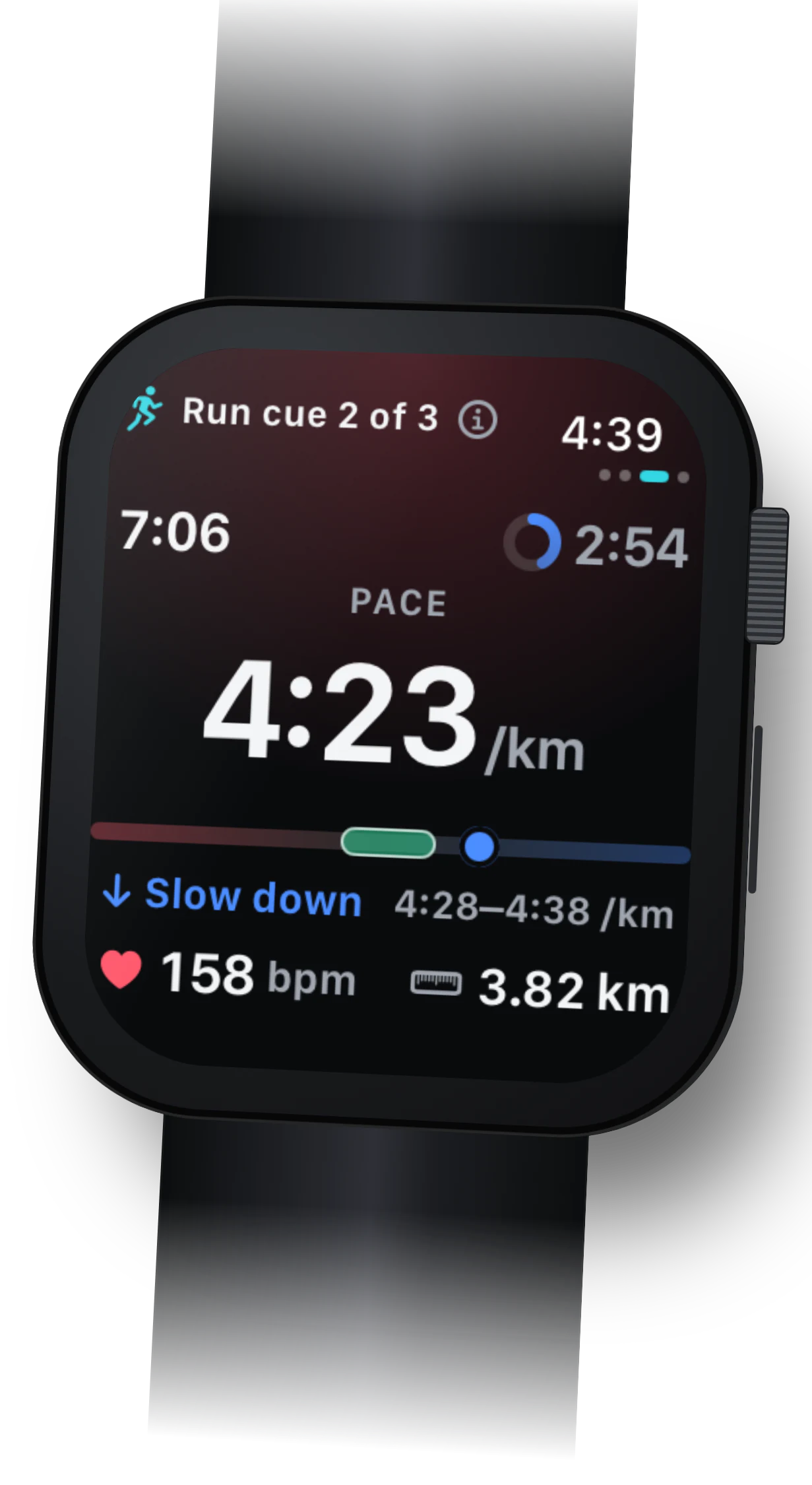 CorrCoach on Apple Watch during a run: pace 4:23 per kilometre, heart rate 158 and a slow-down cue, with made-up data.