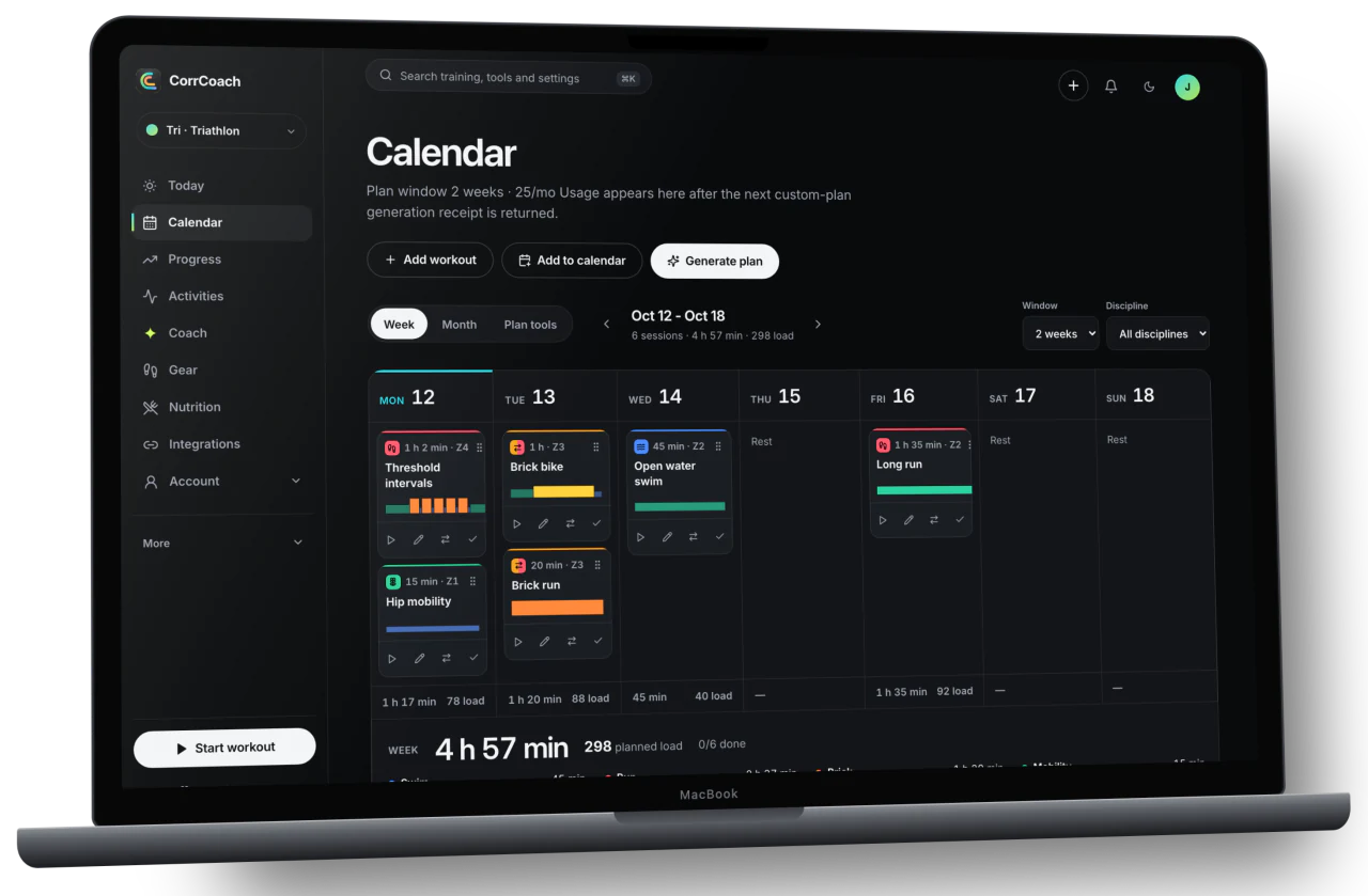 The CorrCoach web calendar on a MacBook with a week of swim, bike, run, brick and mobility sessions for a made-up athlete.