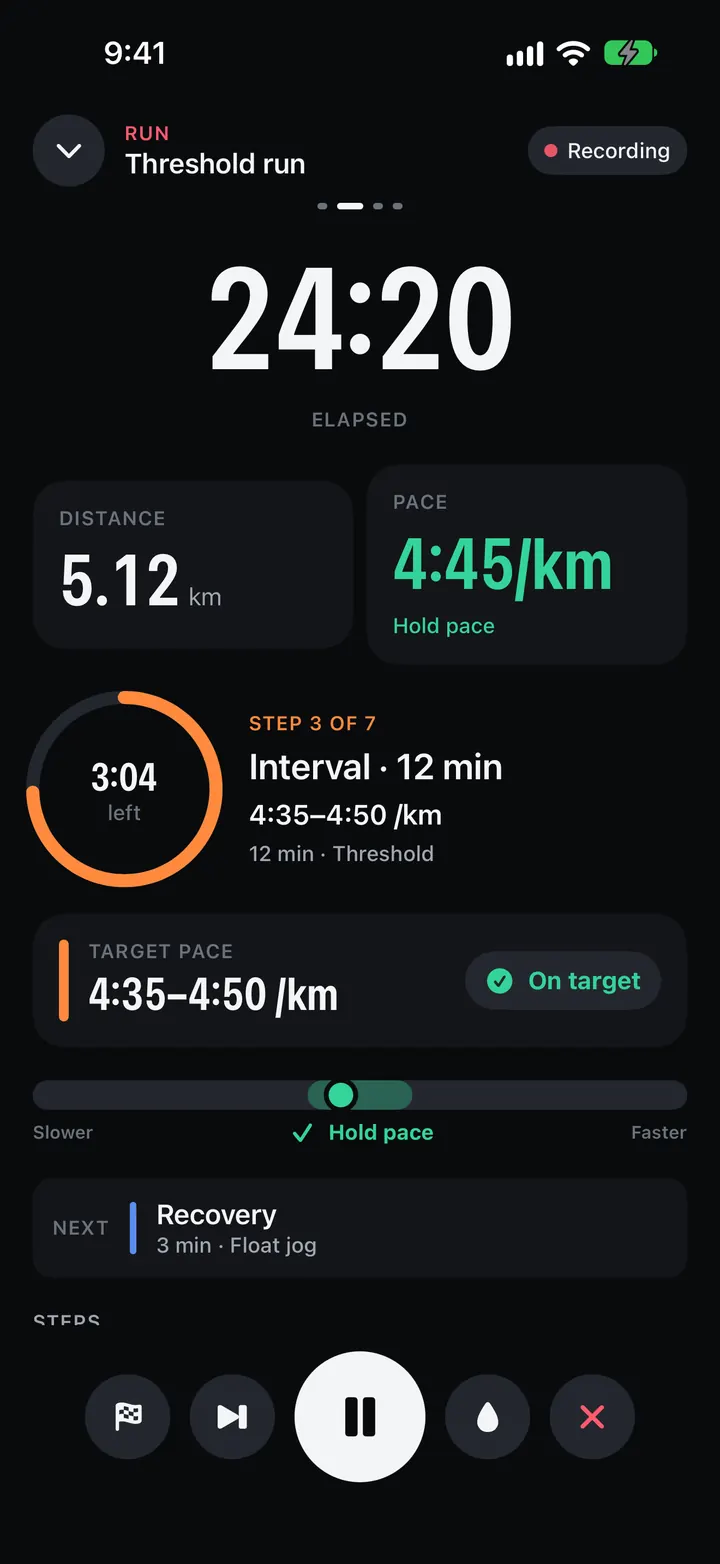 A live workout recorded on iPhone with effort targets.