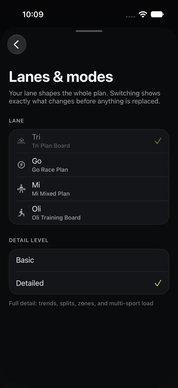 The lane picker on iPhone with Tri, Go, Mi and Oli.