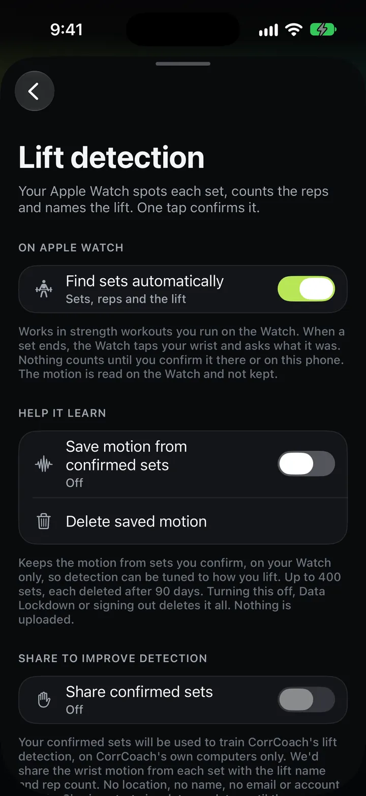 The lift detection settings screen on iPhone.
