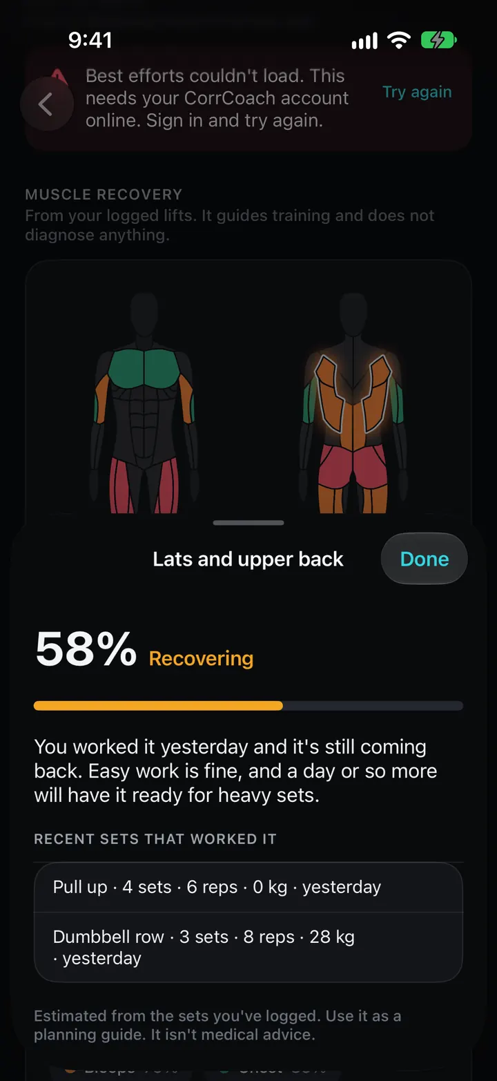 The muscle recovery body map on iPhone.