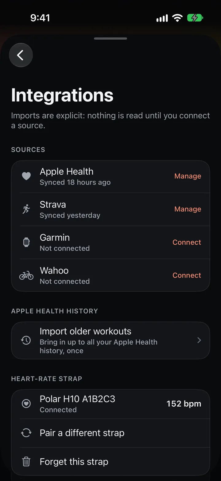 Integrations on iPhone with a paired heart-rate strap.