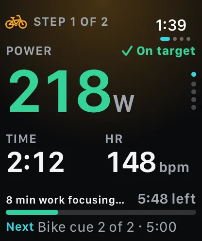 Apple Watch on a bike step showing power on target.