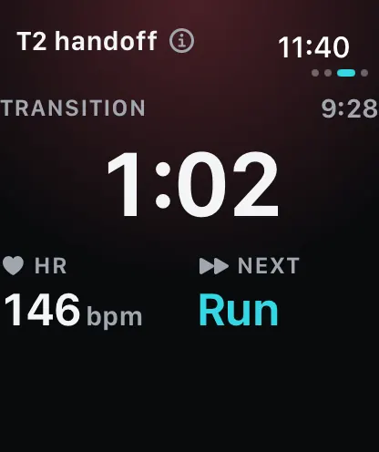 Apple Watch timing a T2 handoff between bike and run.