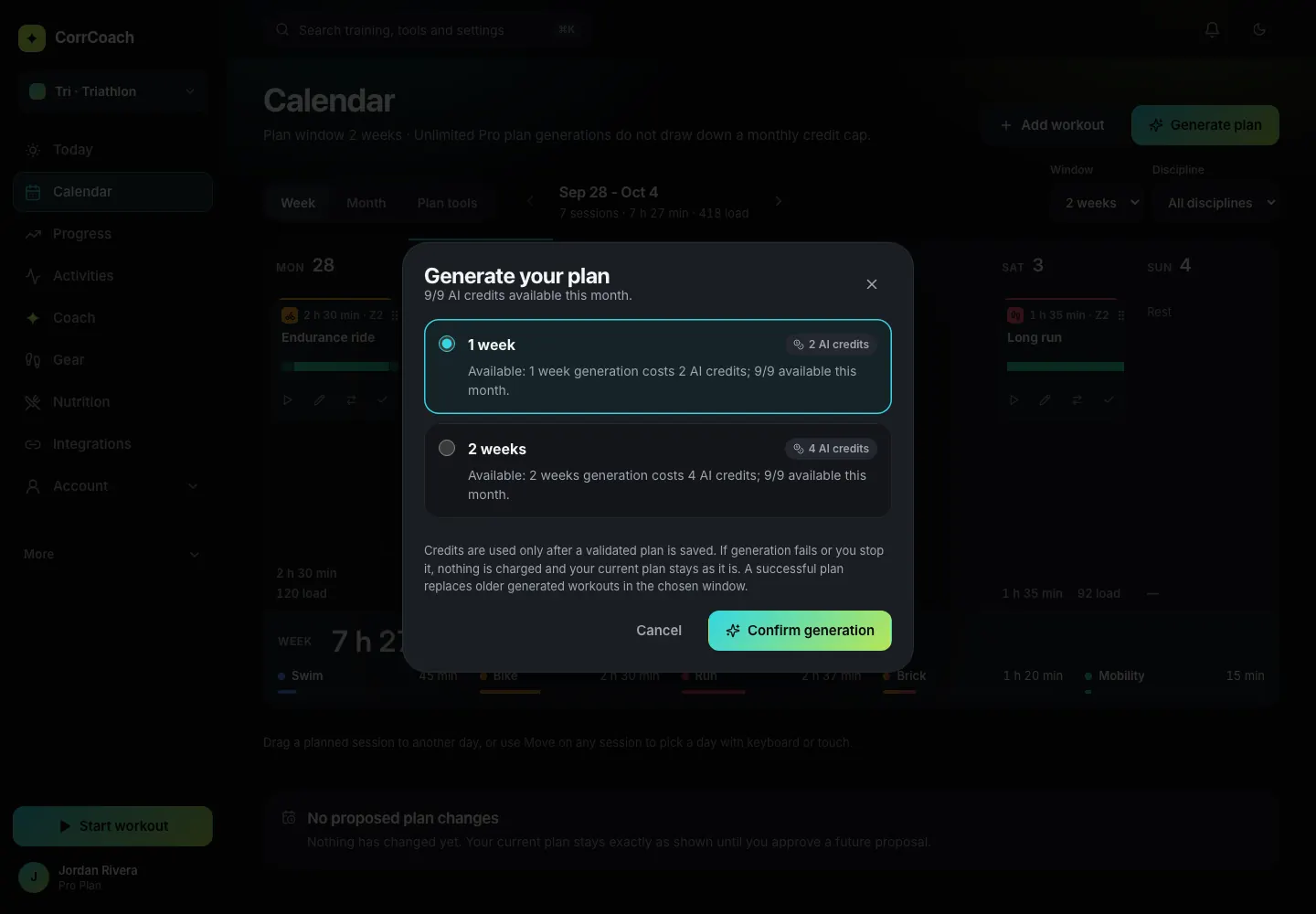 The generate-plan dialog with window lengths and the credit cost shown before you start.