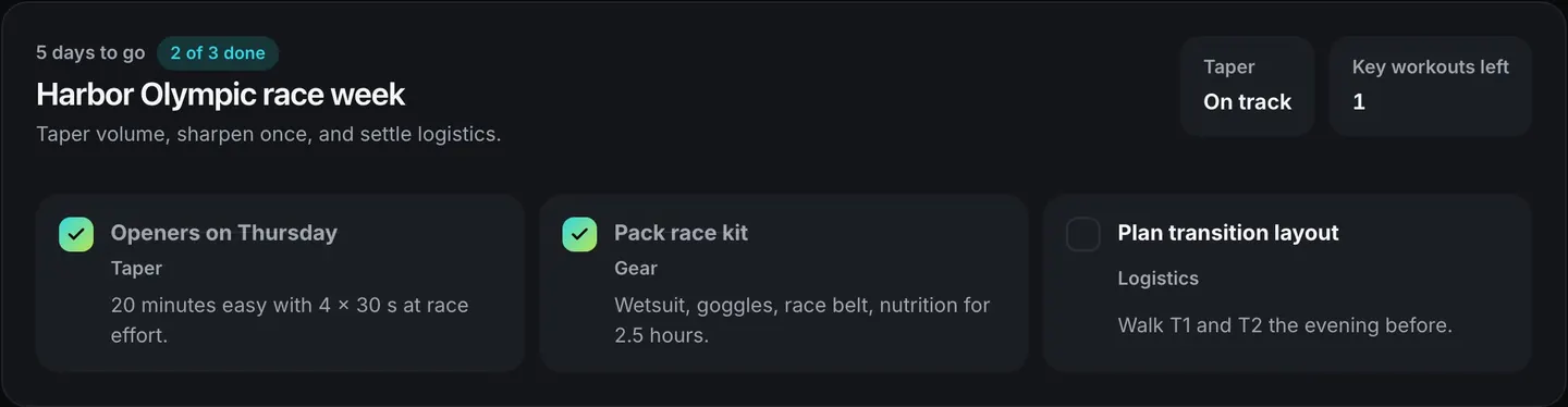 The race week checklist with openers and race kit items.