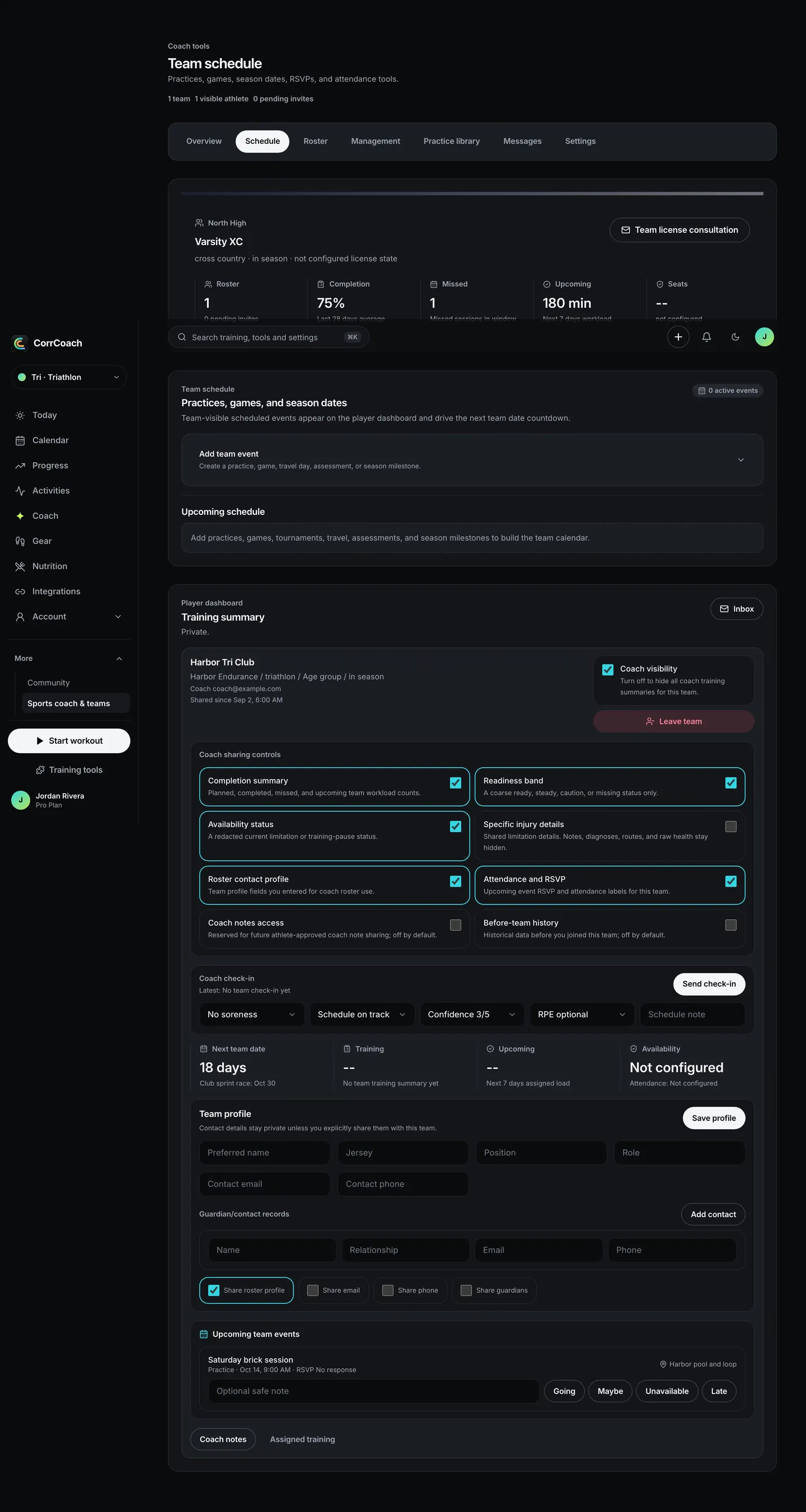 The team schedule with practices, games and season dates for a made-up team.